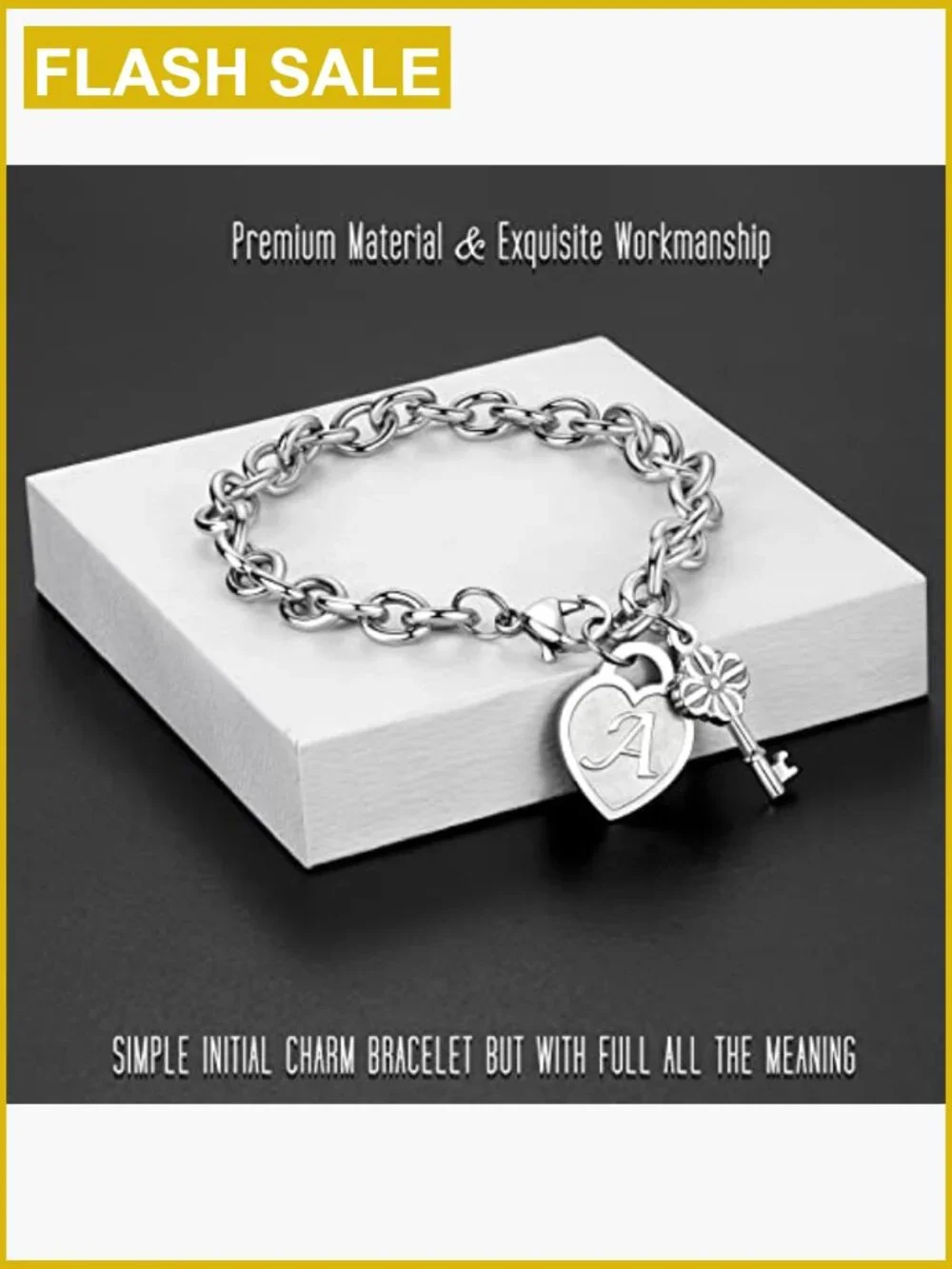 Stainless Steel Initial Heart Charm Bracelet Adjustable 8